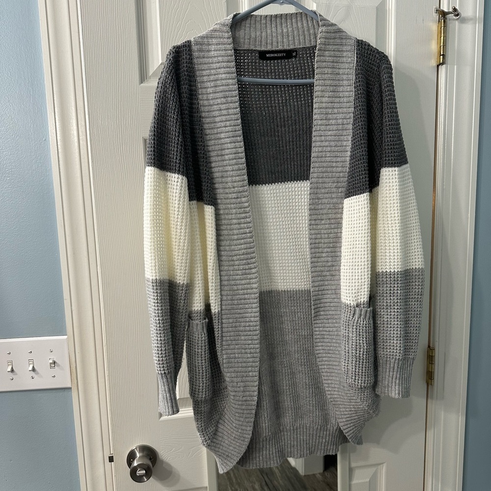 Gray color block open cardigan